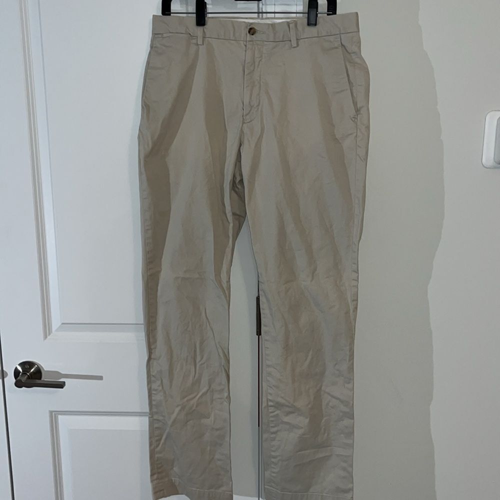 Tan Beige Polo Ralph Lauren Stretch Chino casual flat front pants 34 x 33”